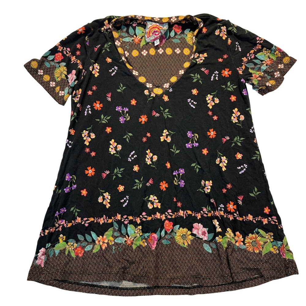Johnny‎ Was Tunic Top Womens XS Black Floral Bamboo Viscose Boho T12523-4